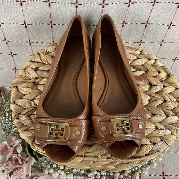 Tory Burch “Cline” Peep Toe Brown Pebble Leather Flats Women's Size 5 M PreLoved - Picture 3 of 8